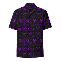 The Fifth Circle Purple button-up shirt featuring winged demons and occult ritual symbols inspired by demonology and infernal mythology.