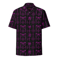 The Sixth Circle Pink button-up shirt featuring winged demons and occult ritual symbols inspired by demonology and infernal mythology.