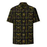 The Sixth Circle Yellow button-up shirt featuring winged demons and occult ritual symbols inspired by demonology and infernal mythology.