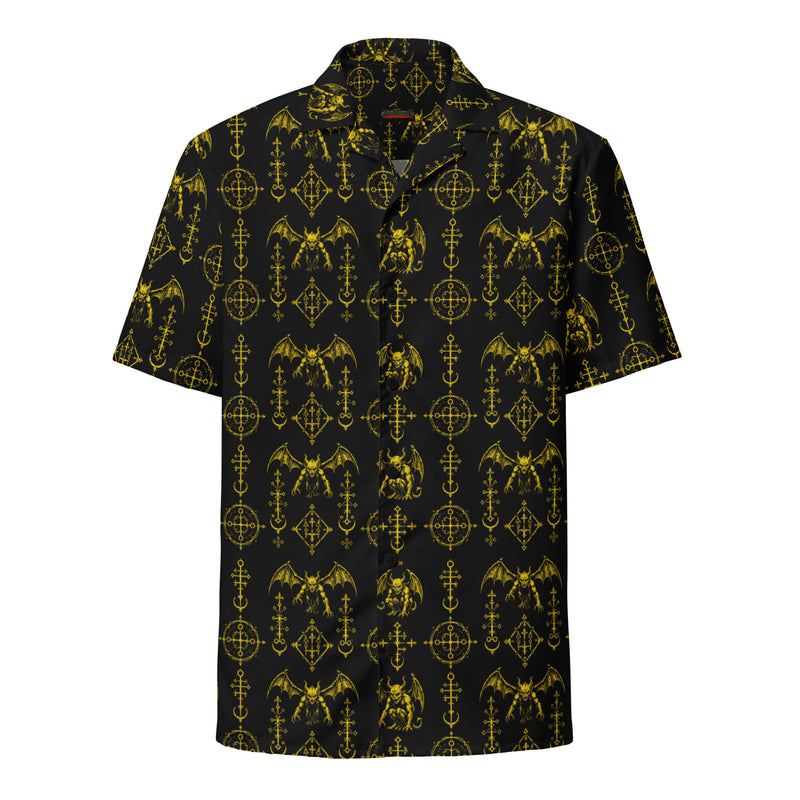 The Sixth Circle Yellow button-up shirt featuring winged demons and occult ritual symbols inspired by demonology and infernal mythology.