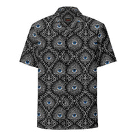 Second Sight psychic eye button-up shirt featuring electric-blue eyes, black-and-white mystical ornamentation and an all-over occult-inspired pattern.