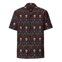 Merry Skull-Mas horror Christmas button-up shirt featuring faux-knit skulls, bats, snowflakes and festive red, purple and white patterns on black.