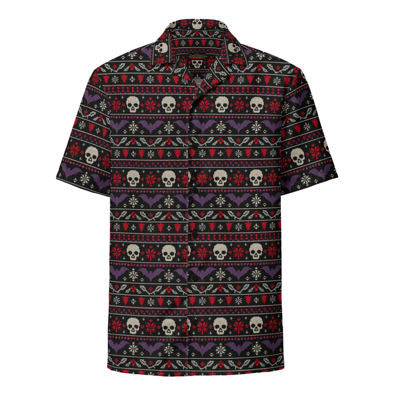 Merry Skull-Mas horror Christmas button-up shirt featuring faux-knit skulls, bats, snowflakes and festive red, purple and white patterns on black.