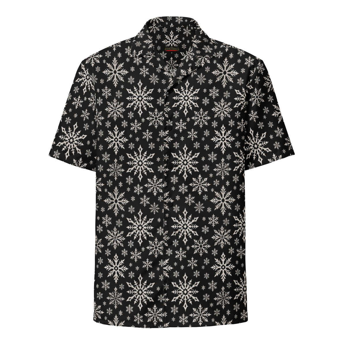 Dead of Winter gothic Christmas button-up shirt featuring black and ivory faux-knit snowflakes in a dark ugly sweater-inspired all-over pattern.