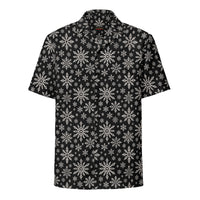Dead of Winter gothic Christmas button-up shirt featuring black and ivory faux-knit snowflakes in a dark ugly sweater-inspired all-over pattern.
