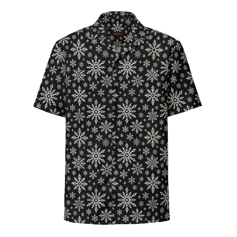 Dead of Winter gothic Christmas button-up shirt featuring black and ivory faux-knit snowflakes in a dark ugly sweater-inspired all-over pattern.