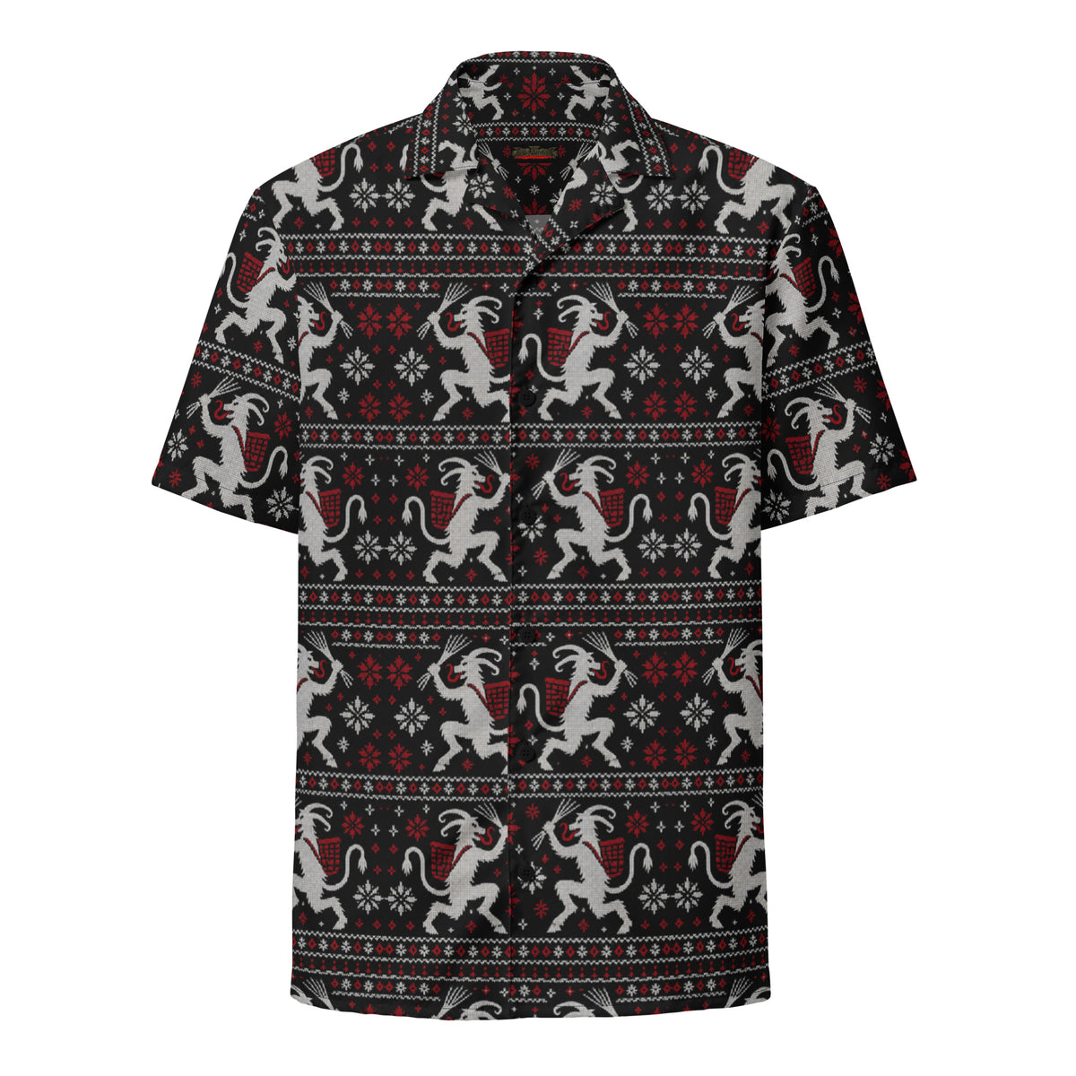 Krampusnacht horror Christmas button-up shirt featuring white Krampus figures, red snowflakes and a black faux-knit ugly sweater-inspired pattern.