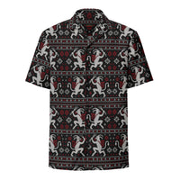 Krampusnacht horror Christmas button-up shirt featuring white Krampus figures, red snowflakes and a black faux-knit ugly sweater-inspired pattern.