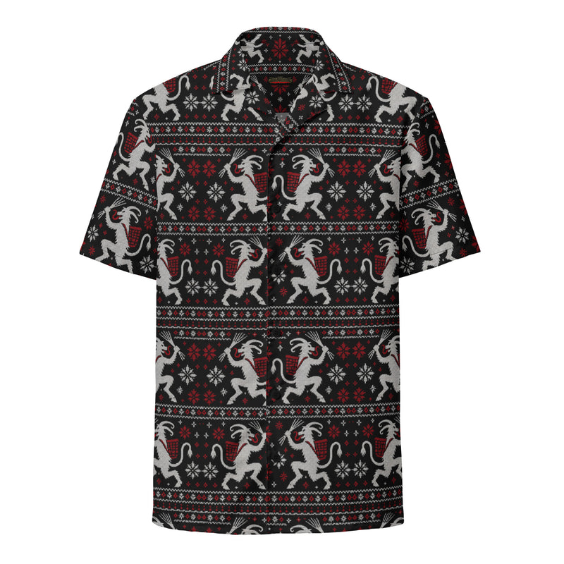 Krampusnacht horror Christmas button-up shirt featuring white Krampus figures, red snowflakes and a black faux-knit ugly sweater-inspired pattern.