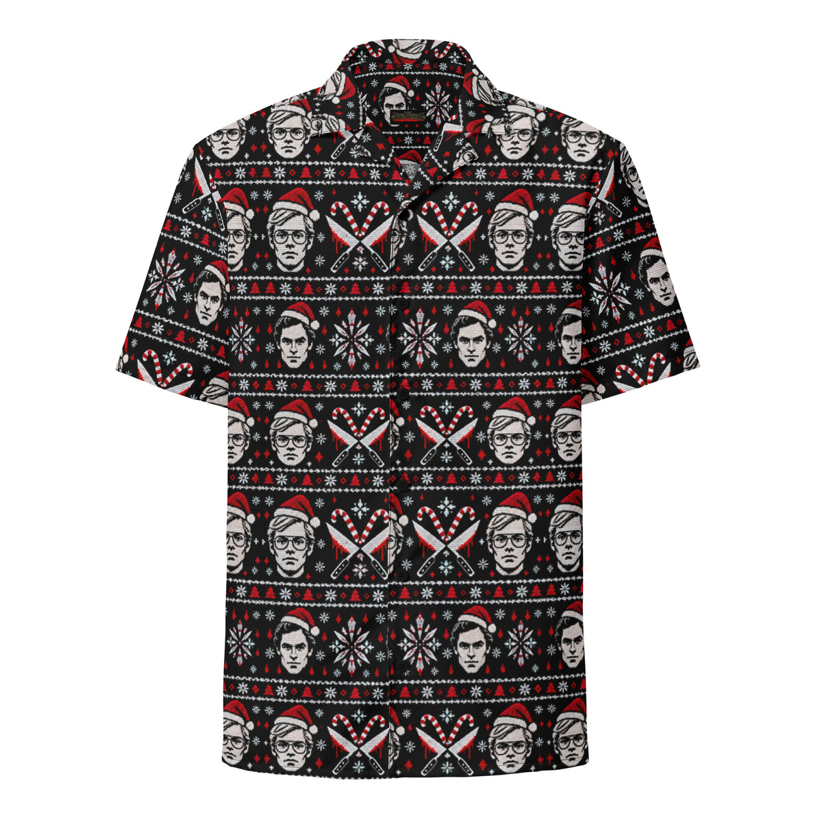 Slay Bells serial killer horror Christmas button-up shirt featuring sinister portrait motifs, crossed knives, candy canes, snowflakes and red faux-knit holiday details.