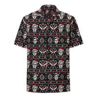 Slay Bells serial killer horror Christmas button-up shirt featuring sinister portrait motifs, crossed knives, candy canes, snowflakes and red faux-knit holiday details.
