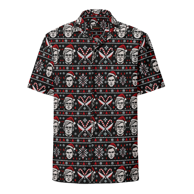 Slay Bells serial killer horror Christmas button-up shirt featuring sinister portrait motifs, crossed knives, candy canes, snowflakes and red faux-knit holiday details.