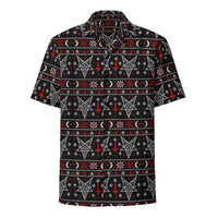 Hail Santa satanic Christmas button-up shirt featuring Baphomet, inverted crosses, pentagrams, crescent moons and red and white faux-knit holiday motifs.