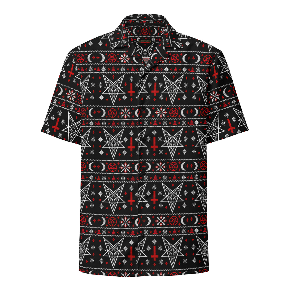 Hail Santa satanic Christmas button-up shirt featuring Baphomet, inverted crosses, pentagrams, crescent moons and red and white faux-knit holiday motifs.