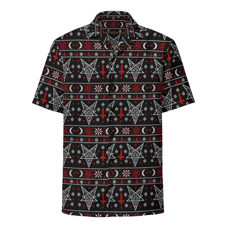 Hail Santa satanic Christmas button-up shirt featuring Baphomet, inverted crosses, pentagrams, crescent moons and red and white faux-knit holiday motifs.