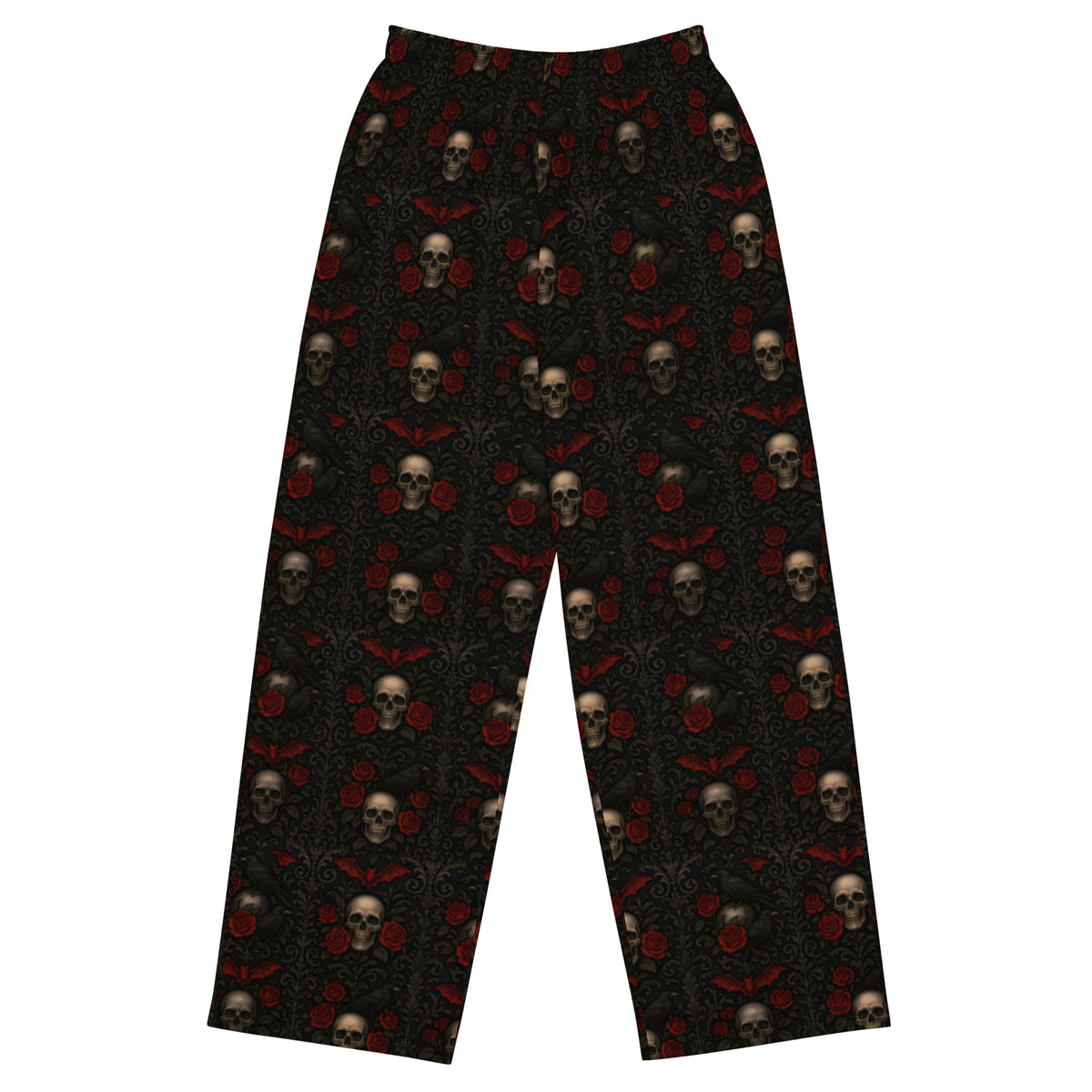 Crimson Mourning lounge pants featuring an all-over Victorian funeral flower pattern from the Funeral Garden and Midnight Comfort collections.