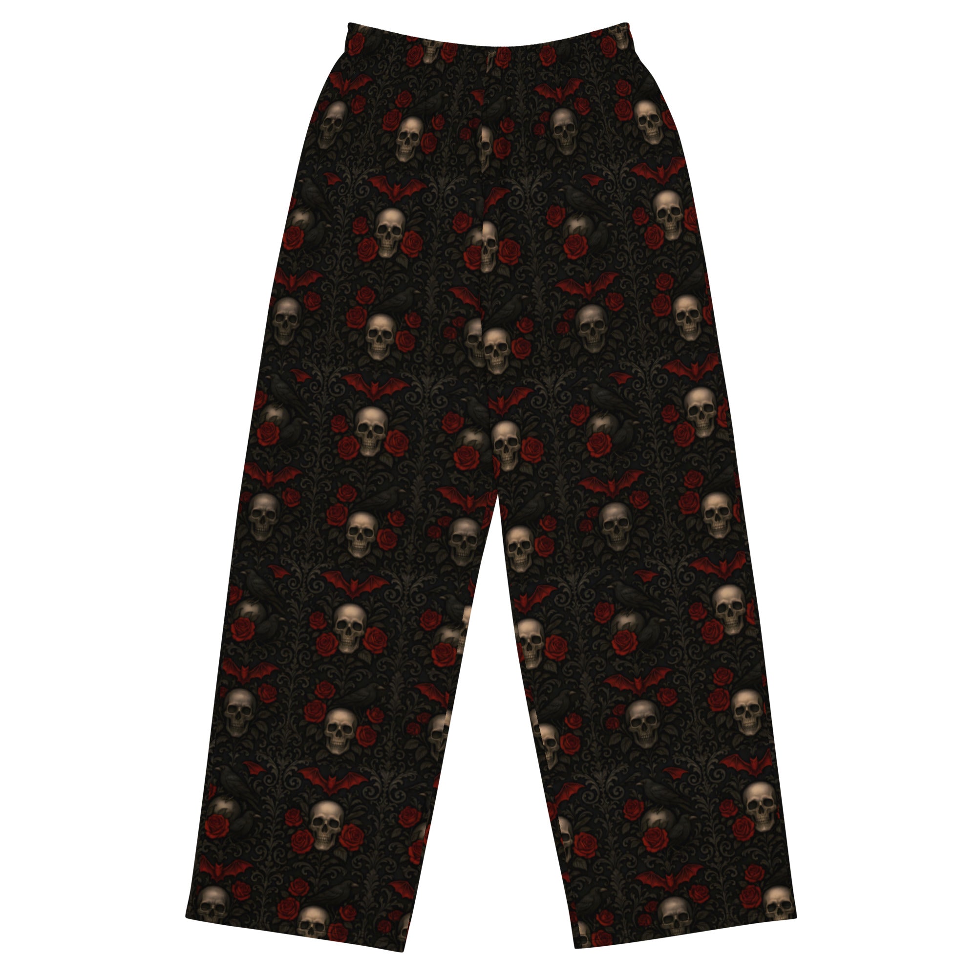 Crimson Mourning lounge pants featuring an all-over Victorian funeral flower pattern from the Funeral Garden and Midnight Comfort collections.
