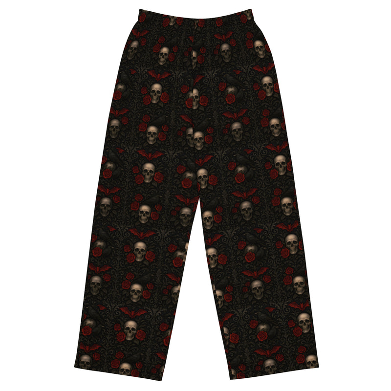Crimson Mourning lounge pants featuring an all-over Victorian funeral flower pattern from the Funeral Garden and Midnight Comfort collections.