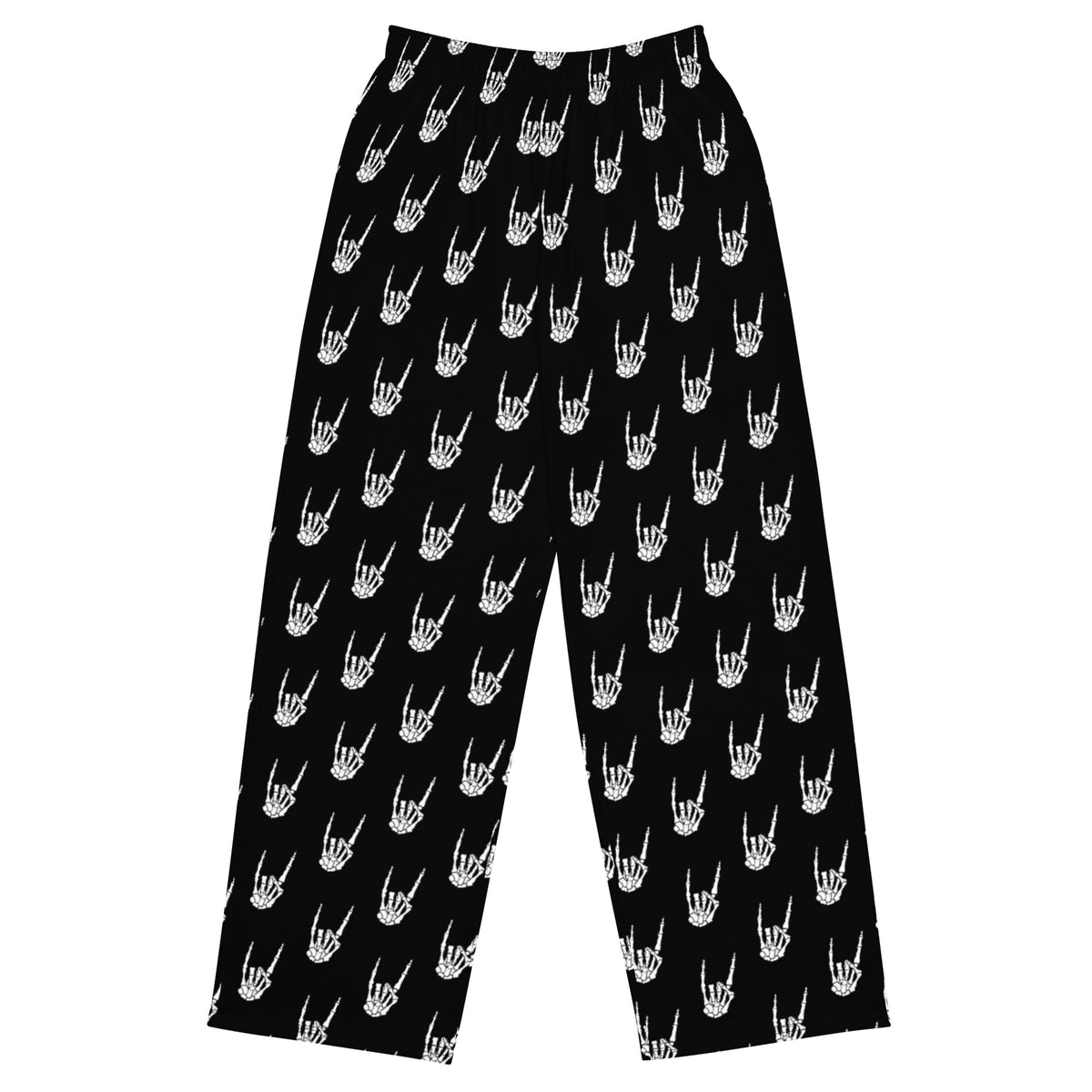 Raise the Devil lounge pants featuring an all-over skeleton hand and devil-horns pattern from the Memento Mori and Midnight Comfort collections.