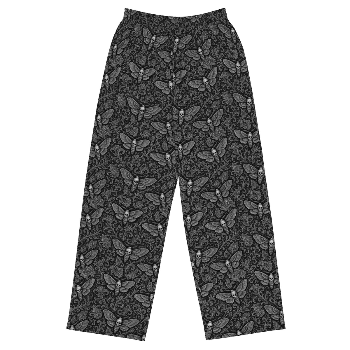 Soul’s Messenger White lounge pants featuring an all-over death moth horror pattern from the Memento Mori and Midnight Comfort collections.