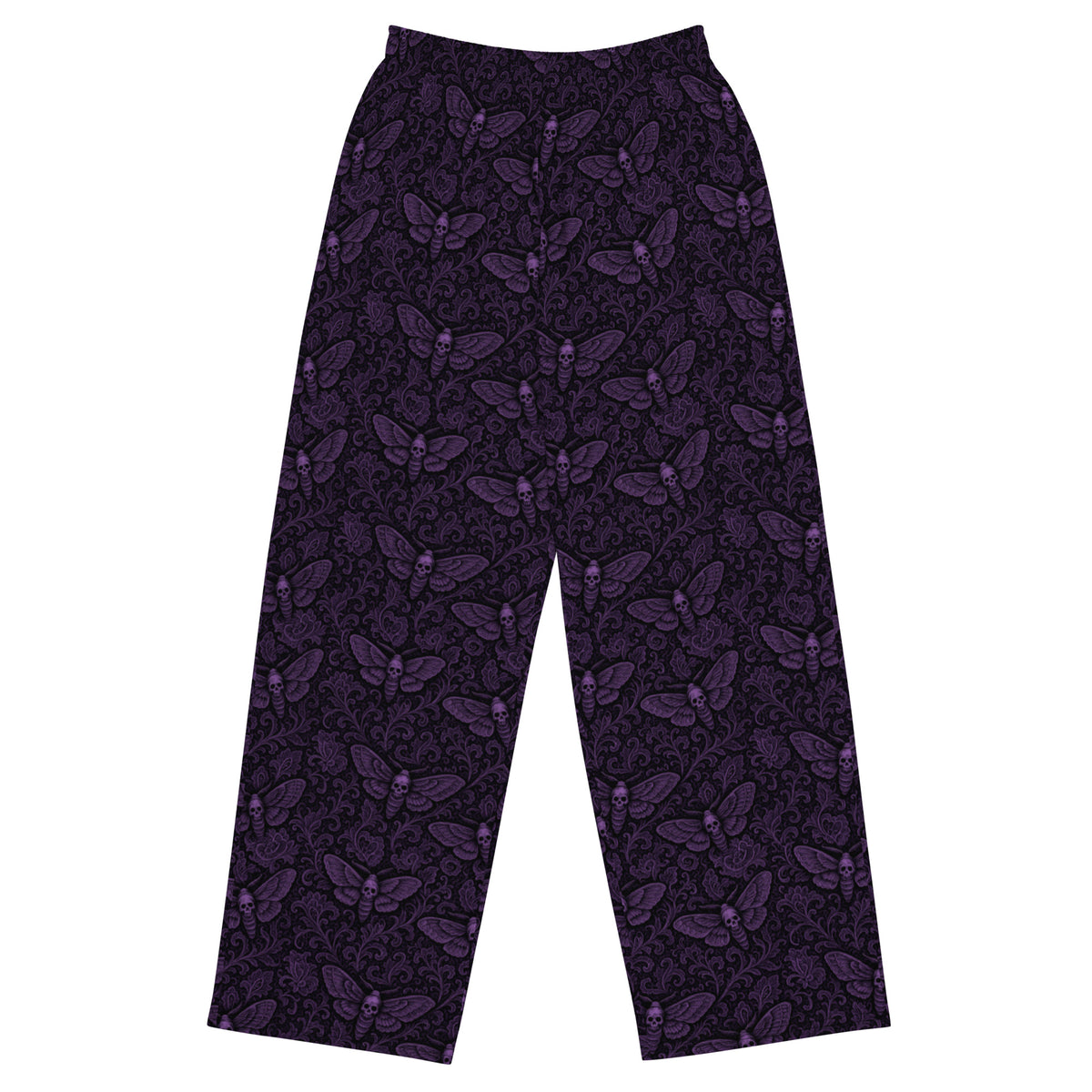 Soul’s Messenger Purple lounge pants featuring an all-over death moth horror pattern from the Memento Mori and Midnight Comfort collections.