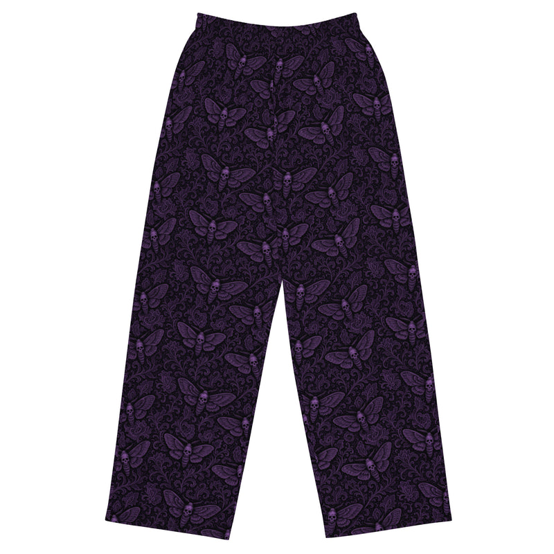 Soul’s Messenger Purple lounge pants featuring an all-over death moth horror pattern from the Memento Mori and Midnight Comfort collections.