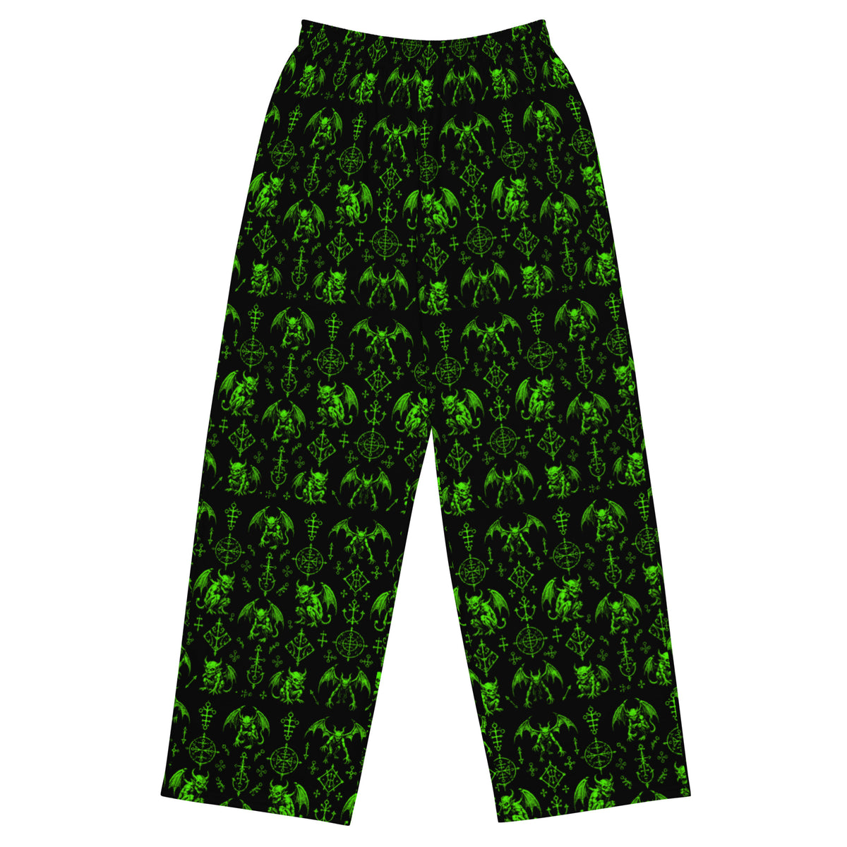 The Fifth Circle Green lounge pants featuring an all-over demon horror pattern from the Demonology and Midnight Comfort collections.