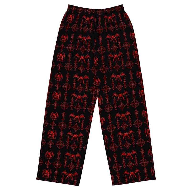 The Sixth Circle Red lounge pants featuring an all-over demon and hellfire horror pattern from the Demonology and Midnight Comfort collections.