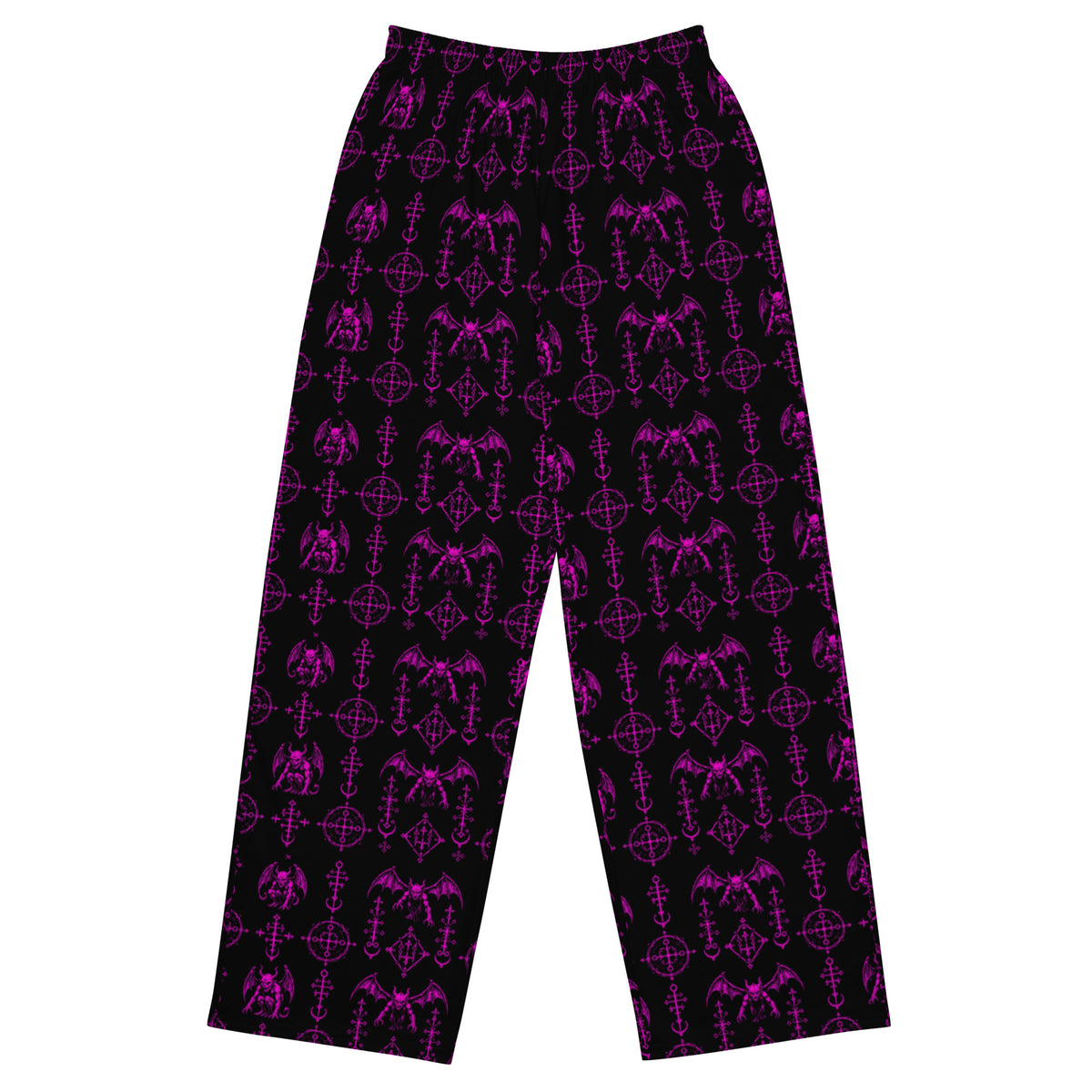 The Sixth Circle Pink lounge pants featuring an all-over demon and hellfire horror pattern from the Demonology and Midnight Comfort collections.
