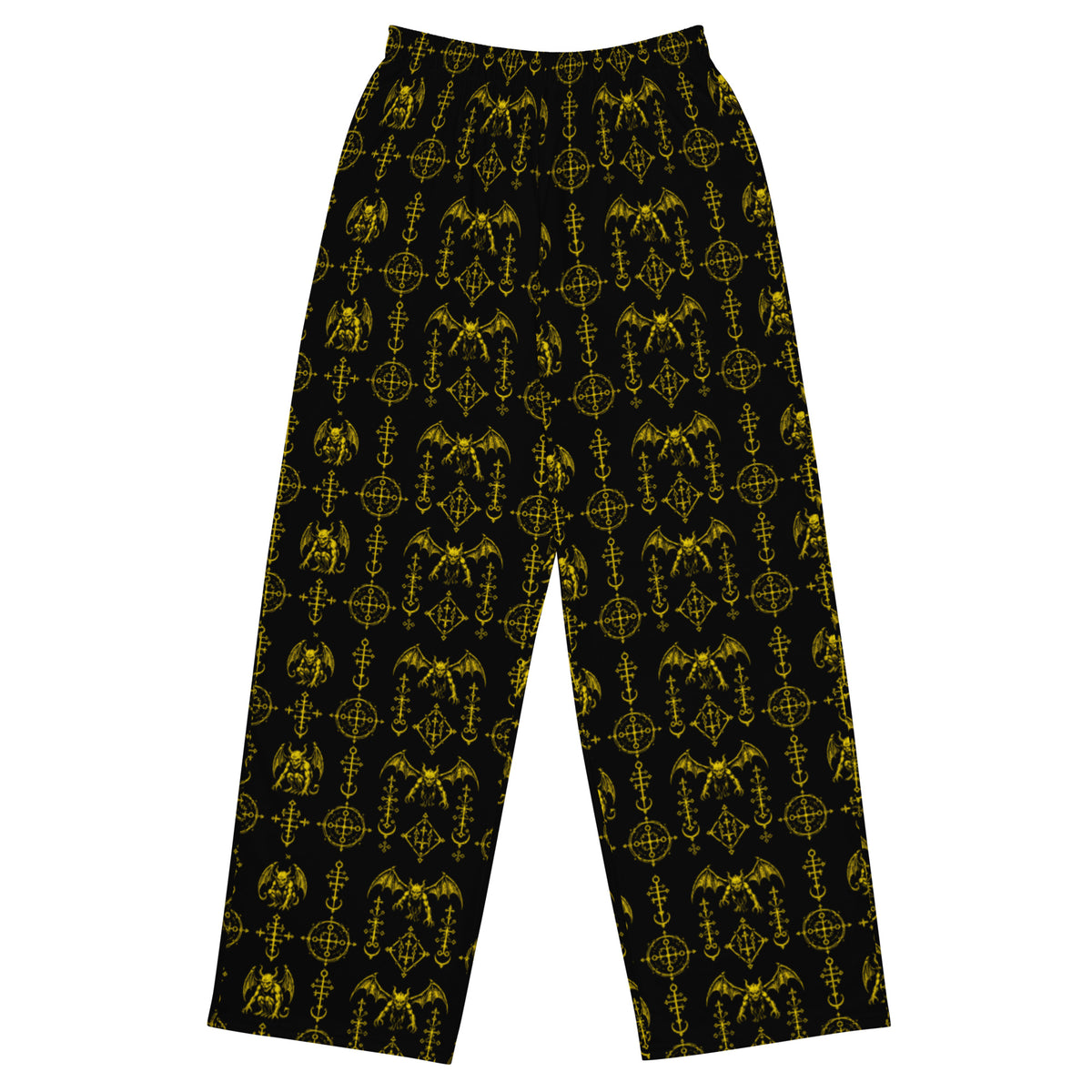 The Sixth Circle Yellow lounge pants featuring an all-over demon and hellfire horror pattern from the Demonology and Midnight Comfort collections.