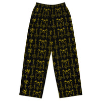 The Sixth Circle Yellow lounge pants featuring an all-over demon and hellfire horror pattern from the Demonology and Midnight Comfort collections.