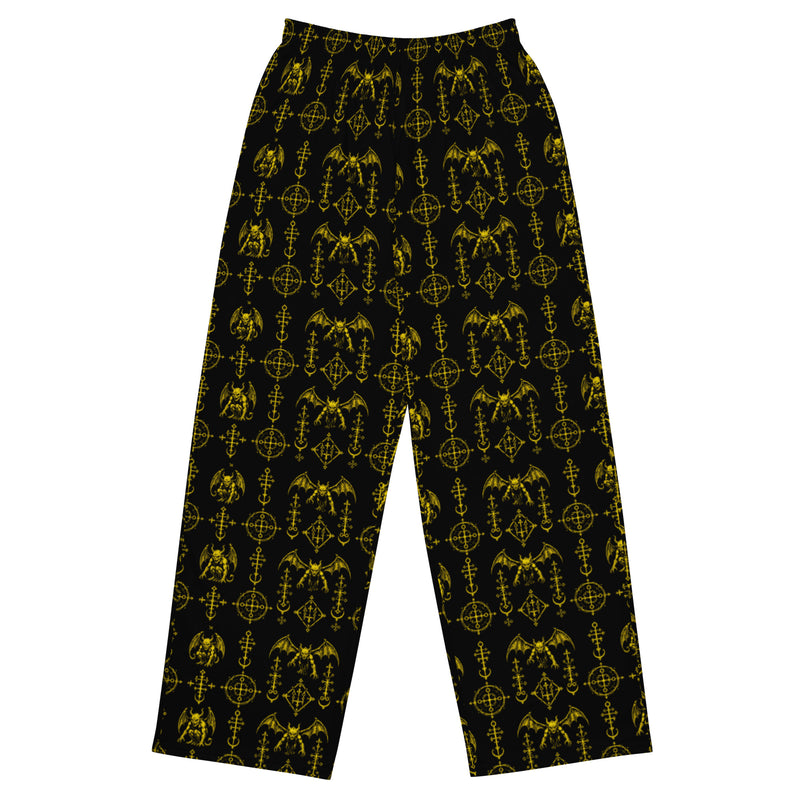 The Sixth Circle Yellow lounge pants featuring an all-over demon and hellfire horror pattern from the Demonology and Midnight Comfort collections.
