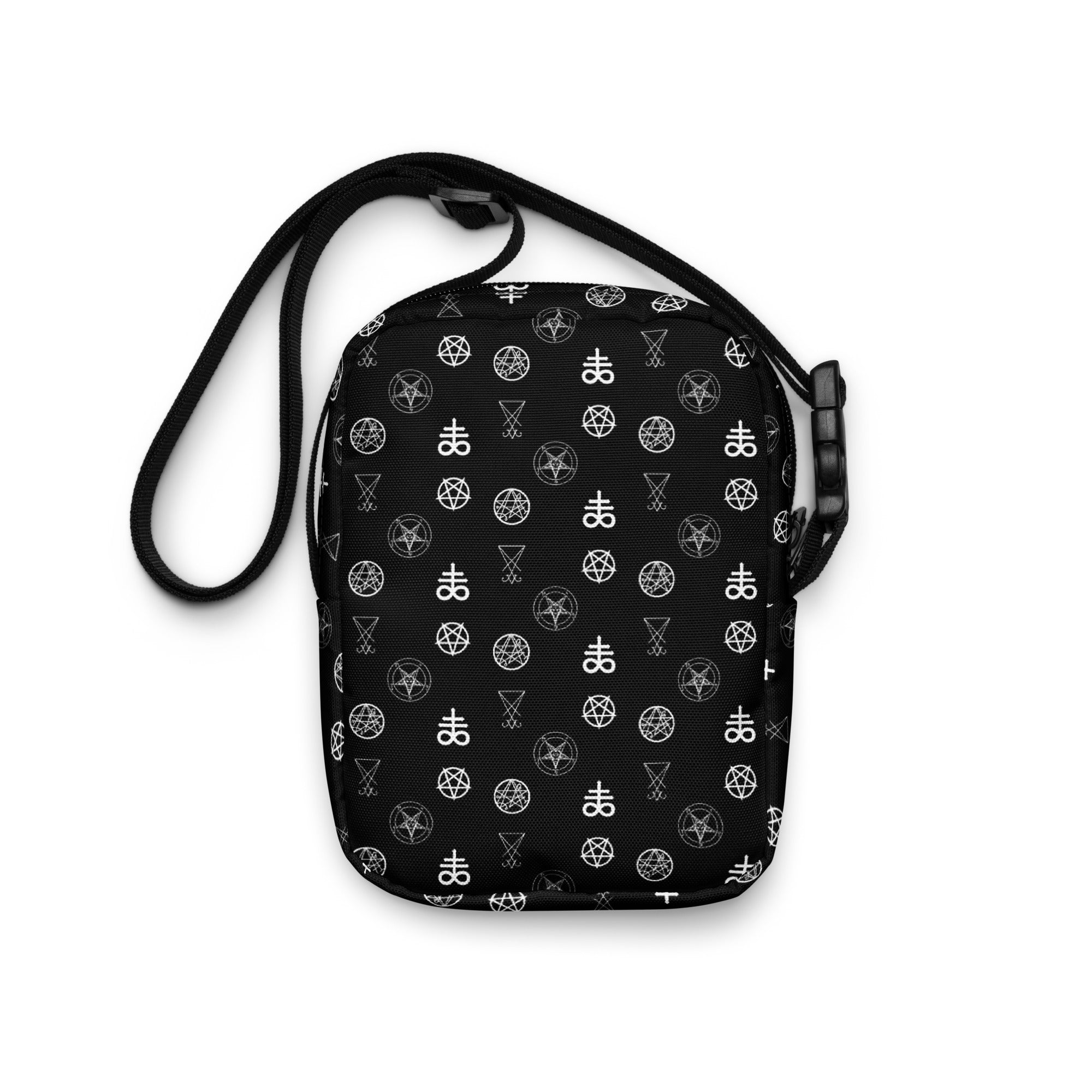 Infernal Sigils utility crossbody bag featuring occult symbols and ritual sigil artwork from the Demonology collection.