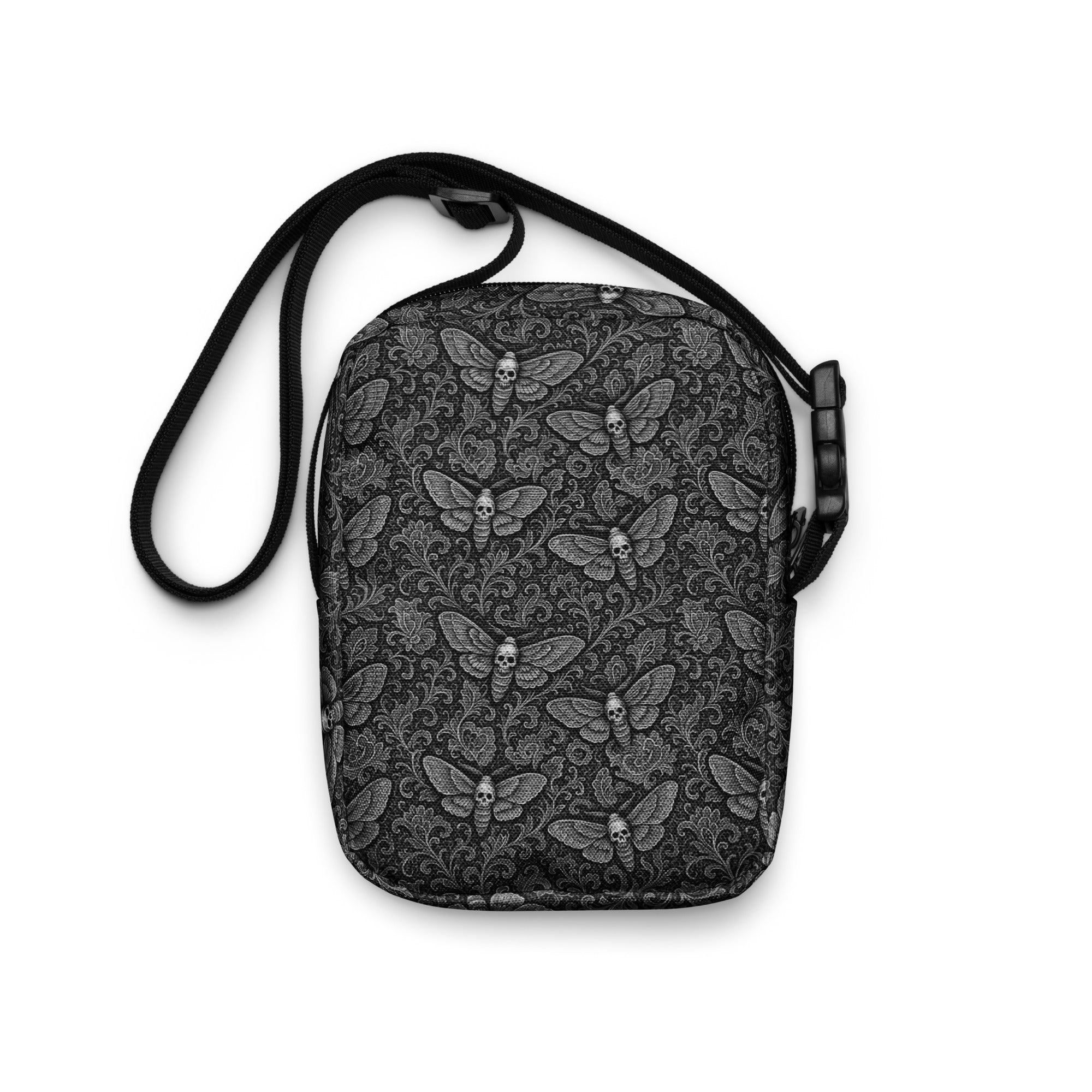 Soul’s Messenger White utility crossbody bag featuring spectral death moth horror artwork from the Memento Mori collection.