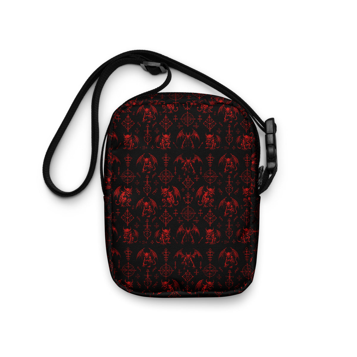 The Fifth Circle Red utility crossbody bag featuring infernal demon horror artwork from the Demonology collection.