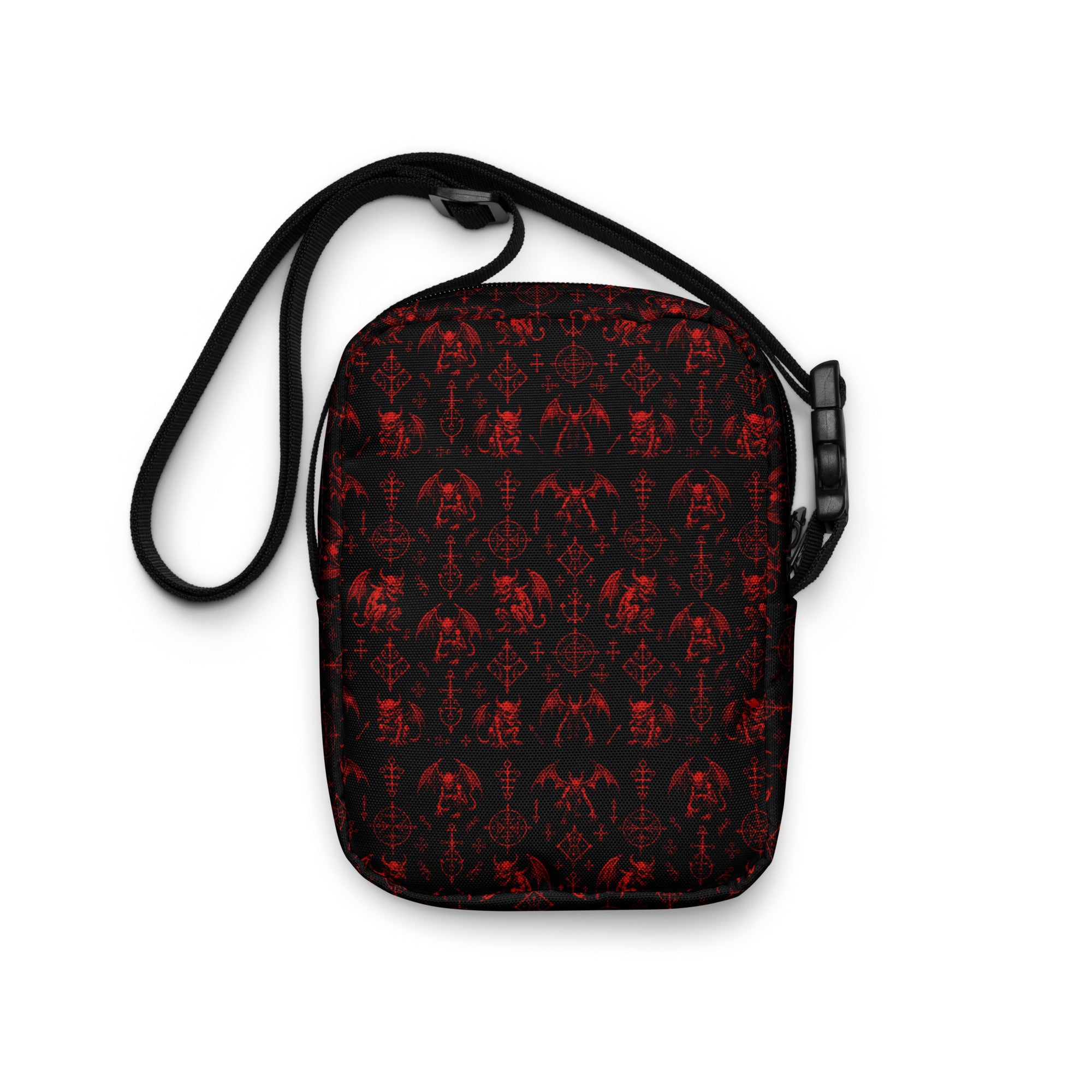 The Fifth Circle Red utility crossbody bag featuring infernal demon horror artwork from the Demonology collection.