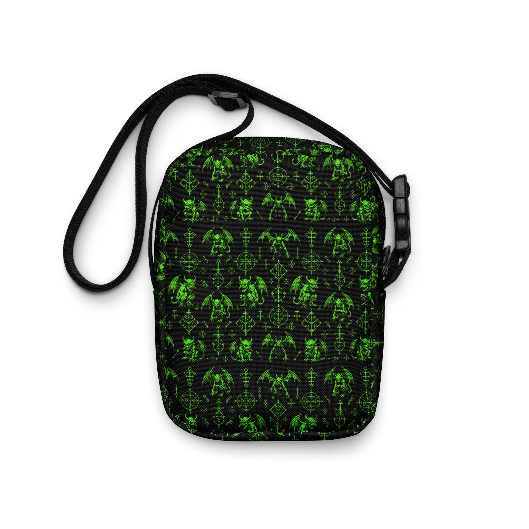 The Fifth Circle Green utility crossbody bag featuring corrupted demon horror artwork from the Demonology collection.