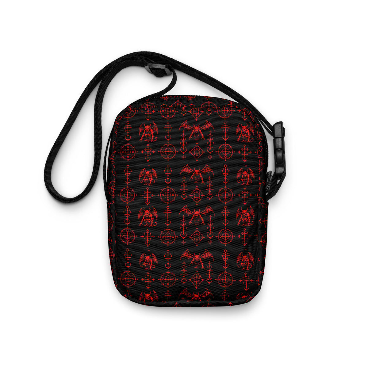 The Sixth Circle Red utility crossbody bag featuring infernal demon horror artwork from the Demonology collection.