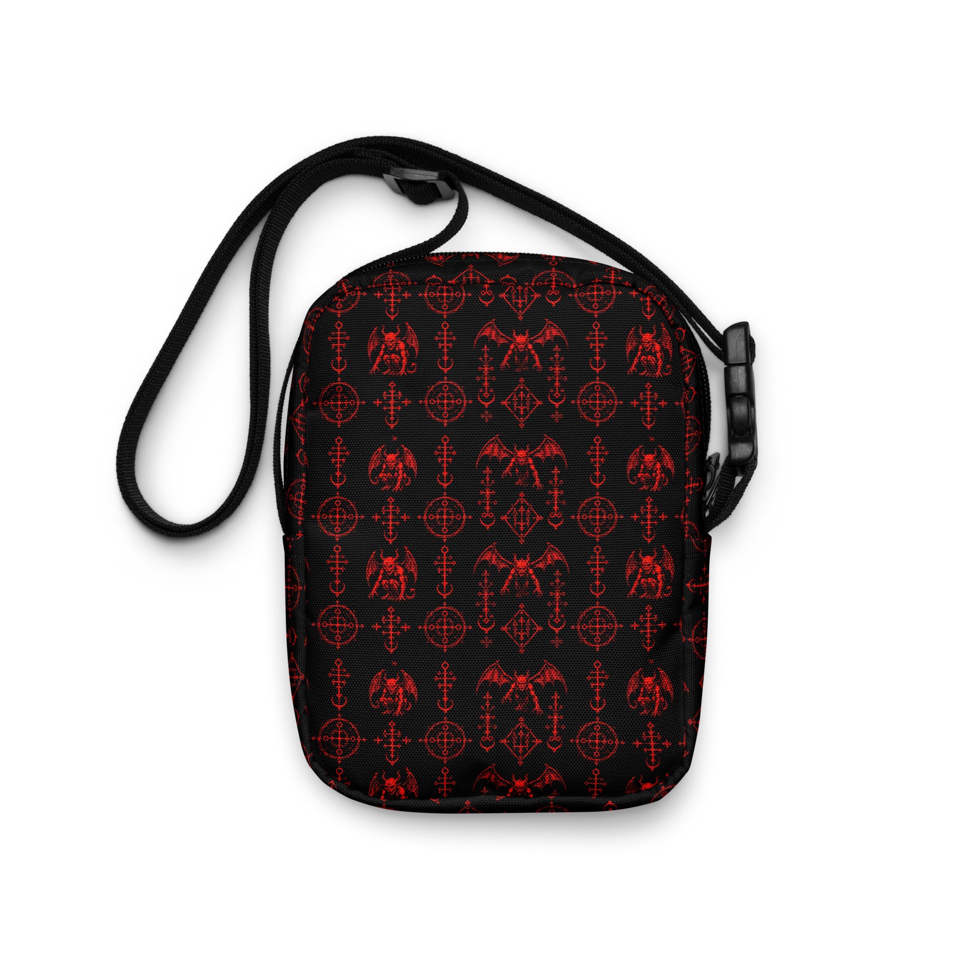 The Sixth Circle Red utility crossbody bag featuring infernal demon horror artwork from the Demonology collection.