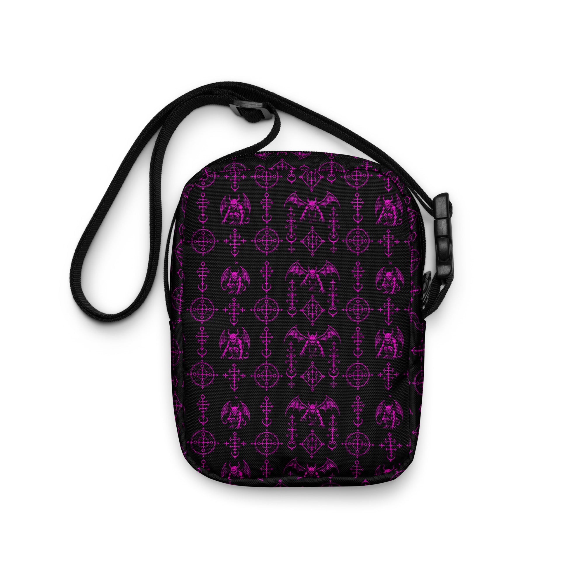 The Sixth Circle Pink utility crossbody bag featuring infernal demon horror artwork from the Demonology collection.