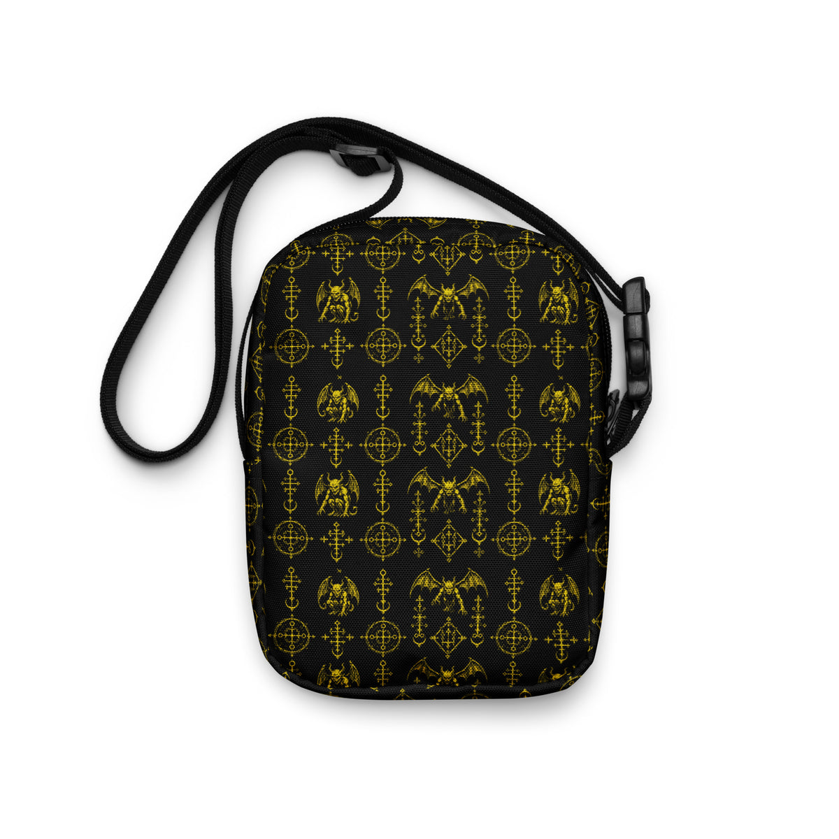 The Sixth Circle Yellow utility crossbody bag featuring sulfur-toned infernal demon artwork from the Demonology collection.
