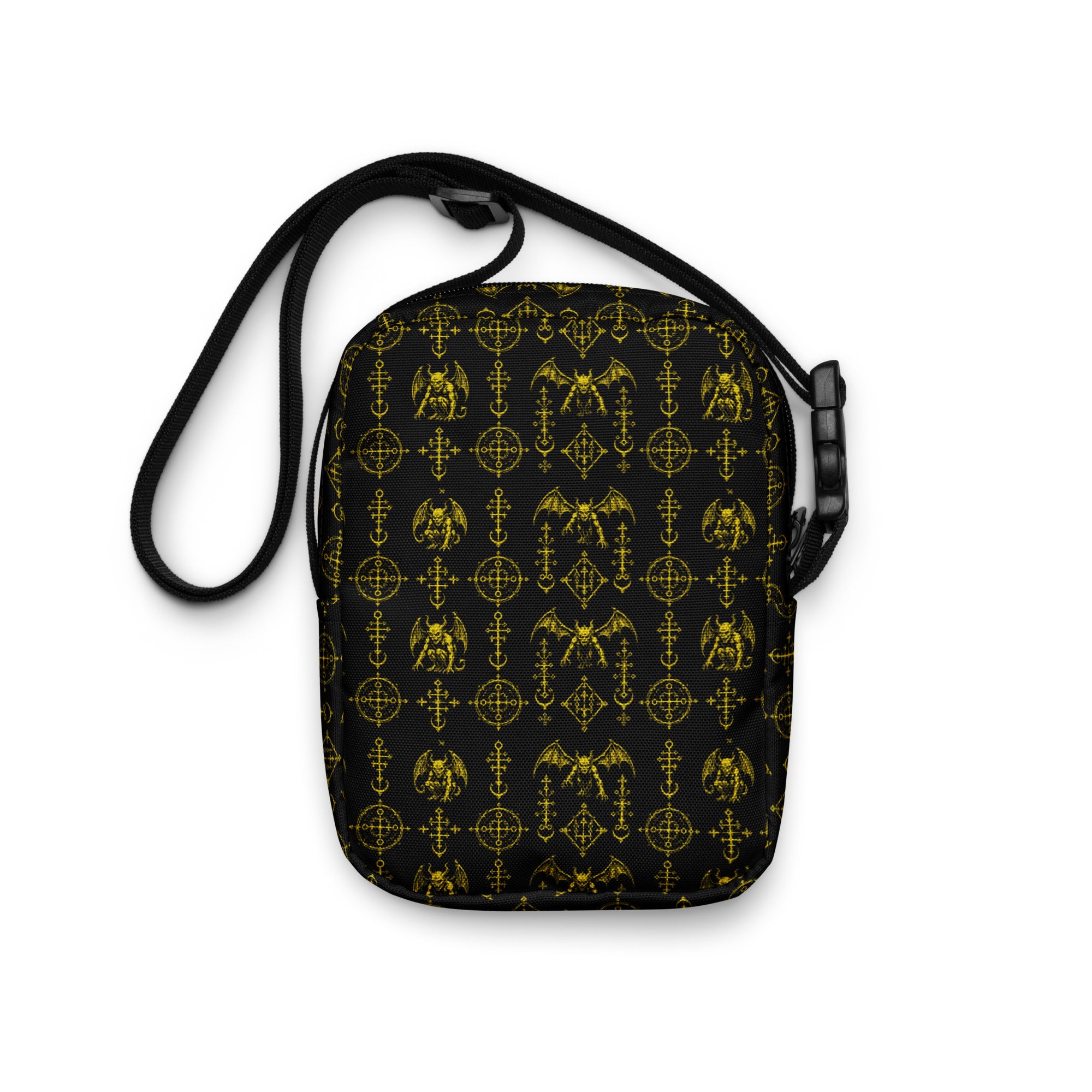 The Sixth Circle Yellow utility crossbody bag featuring sulfur-toned infernal demon artwork from the Demonology collection.